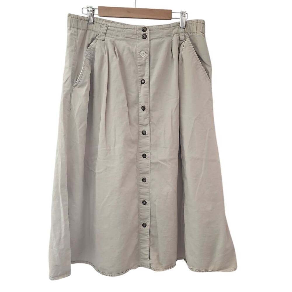 Liz Claiborne Sport Cotton Midi Skirt M Beige Button Front A-Line Casual Travel